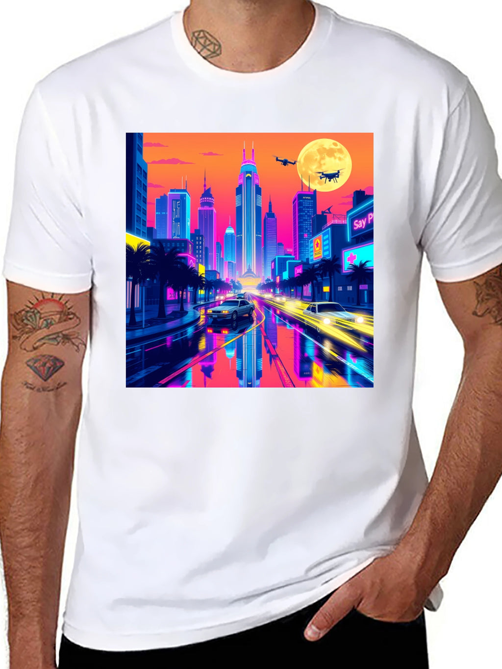 Neon Cityscape T-Shirt - Retro Futuristic Style