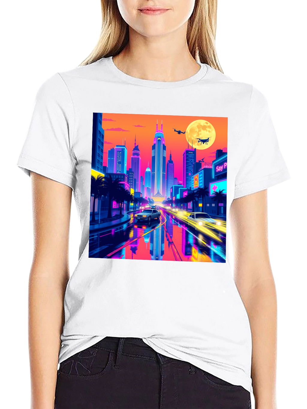 Neon Cityscape T-Shirt - Retro Futuristic Style