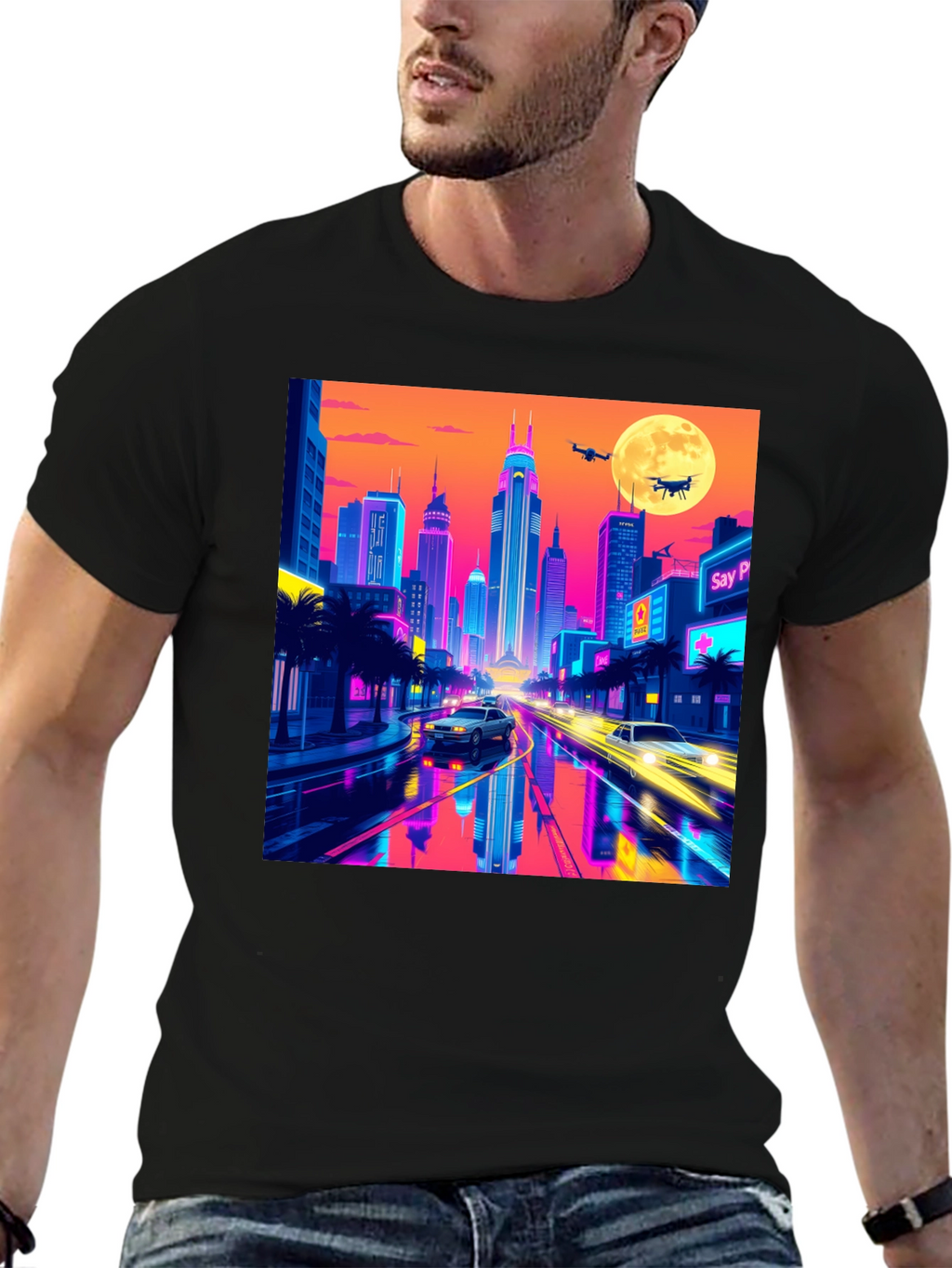 Neon Cityscape T-Shirt - Retro Futuristic Style