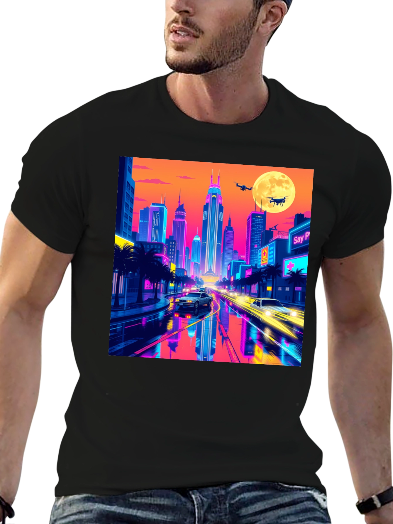 Neon Cityscape T-Shirt - Retro Futuristic Style