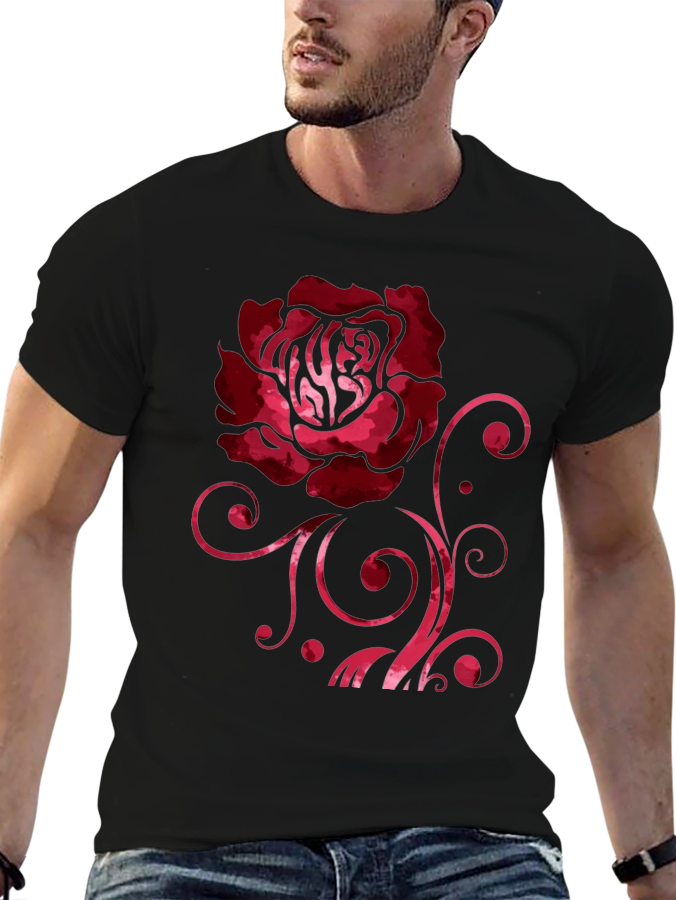 Rose Graphic Print Black Crew Neck T-Shirt