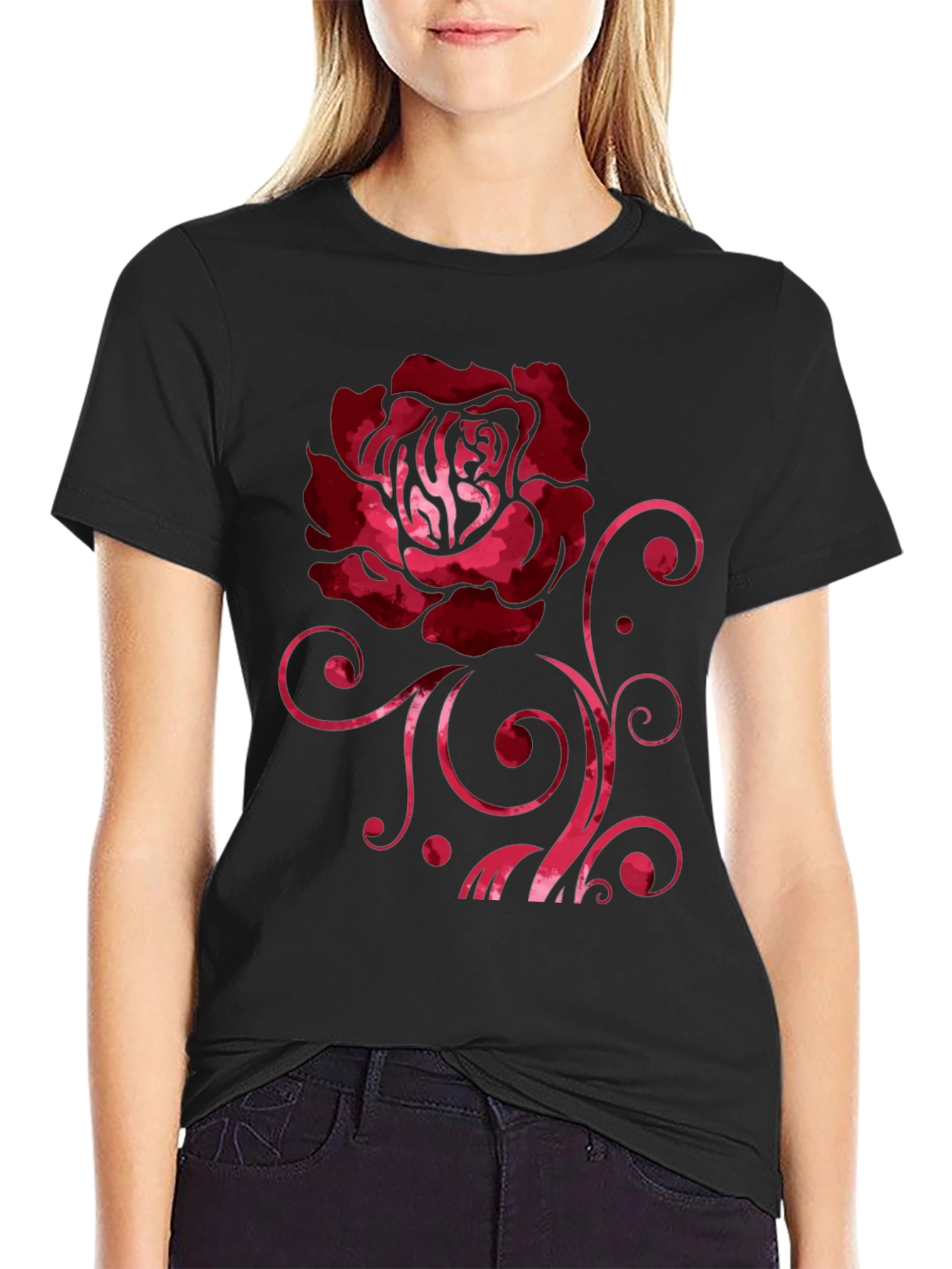 Rose Graphic Print Black Crew Neck T-Shirt