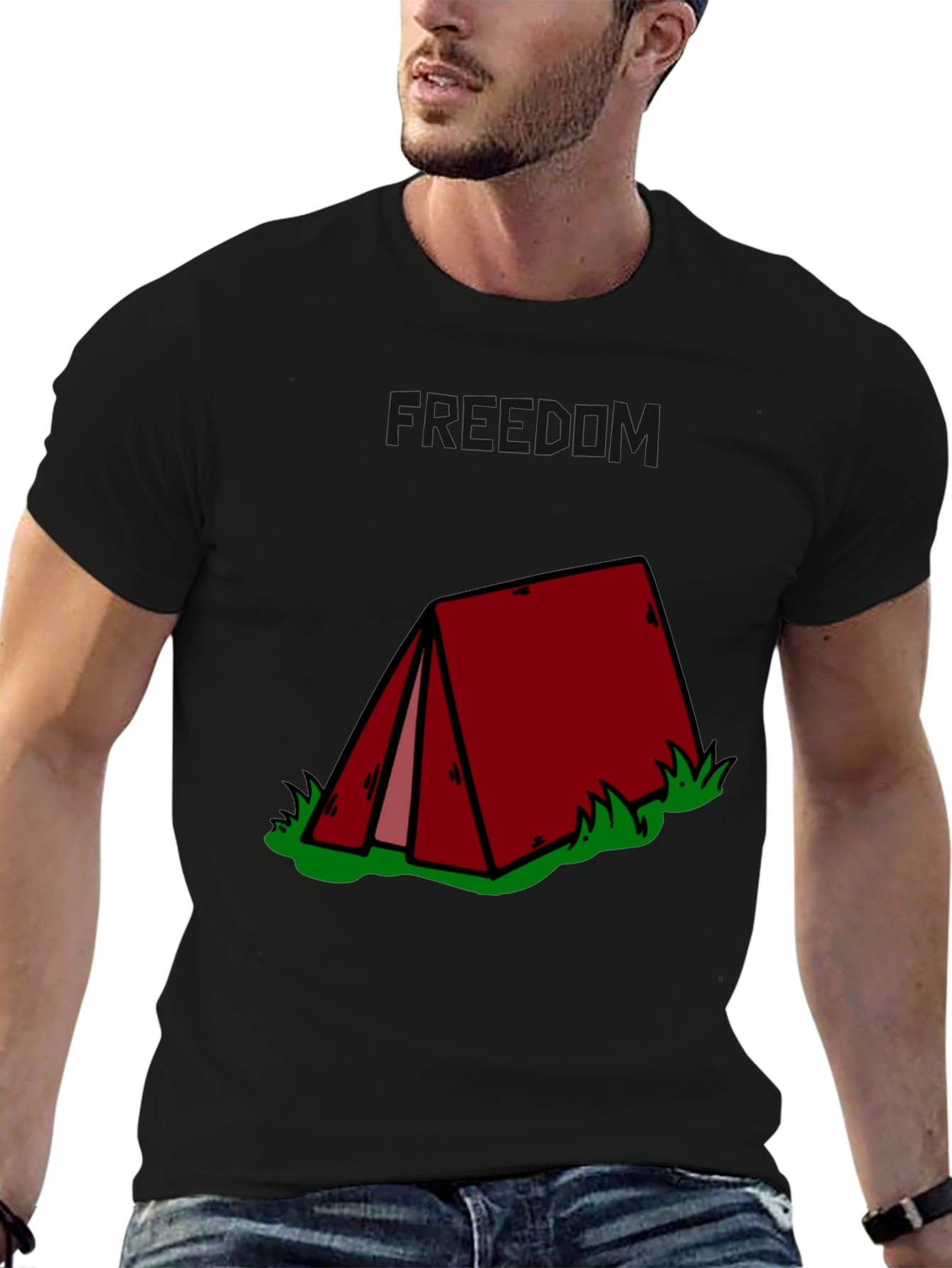 Camping Tent Graphic Tee - Black Cotton T-Shirt