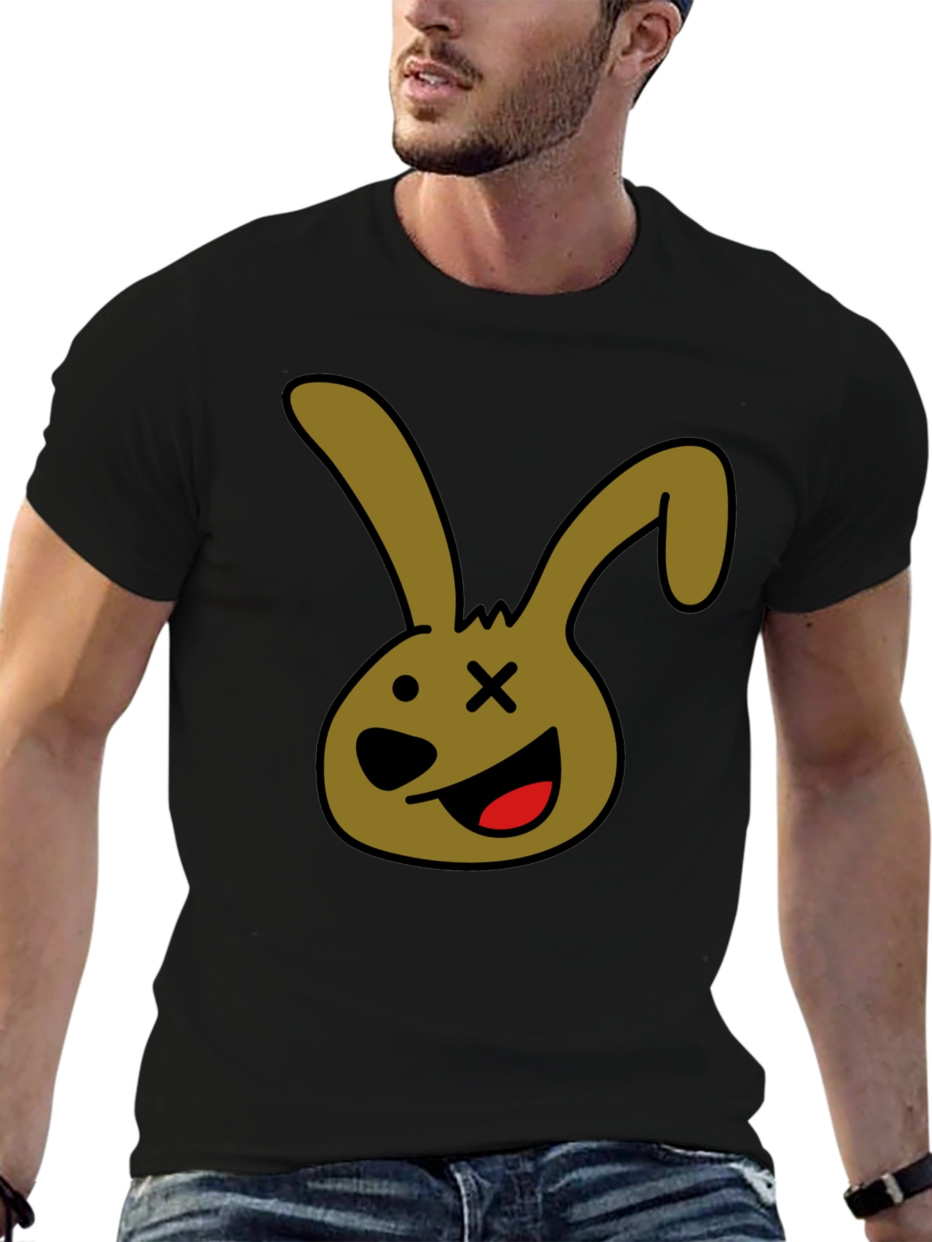Cartoon Bunny Graphic Tee - Black Unisex T-Shirt