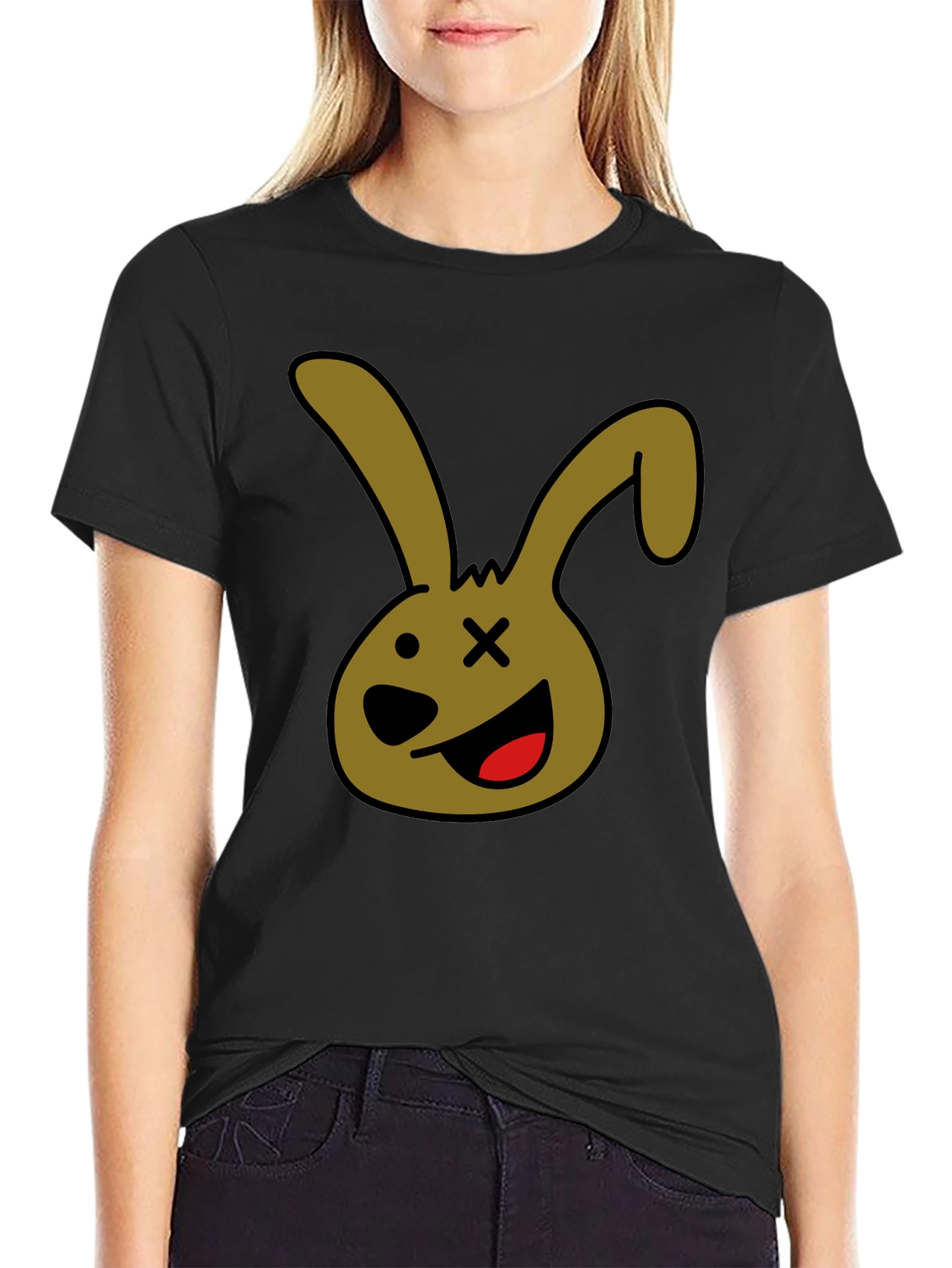 Cartoon Bunny Graphic Tee - Black Unisex T-Shirt