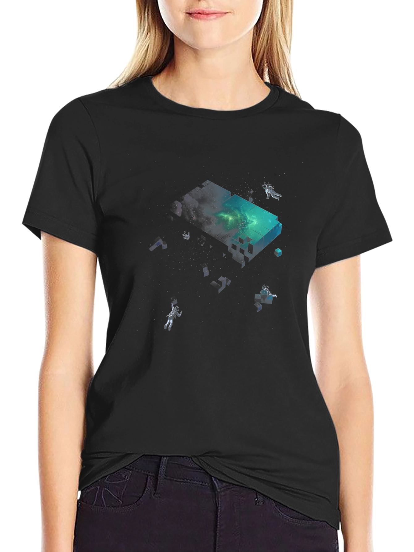 Astronaut Pixel Block Graphic Black T-Shirt