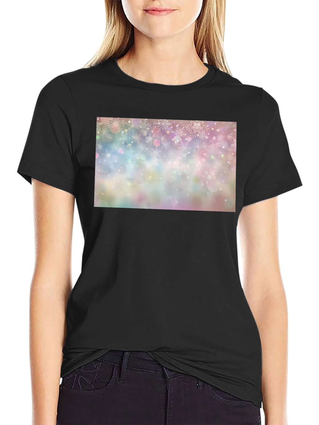 Snowflake Pattern Black Crew Neck T-Shirt