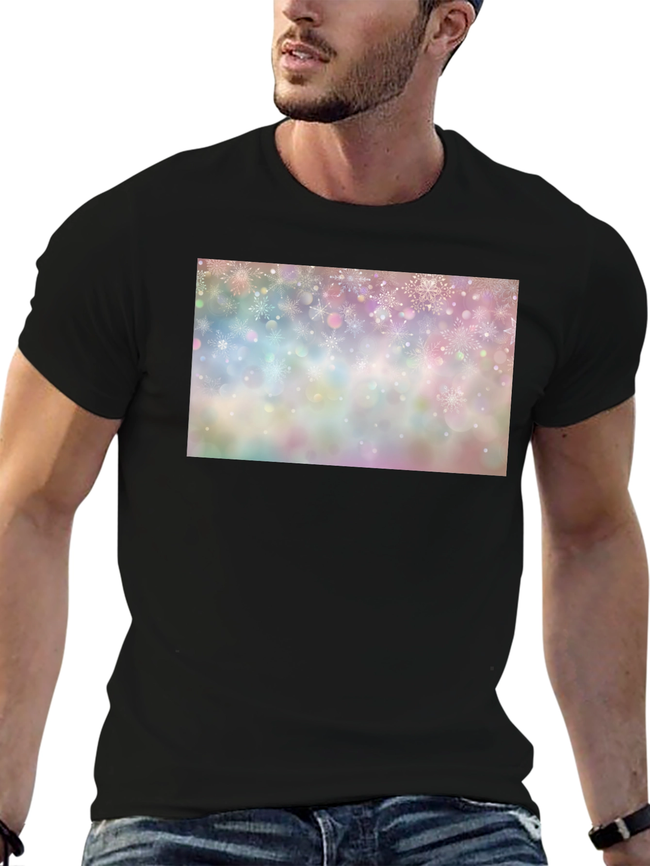 Snowflake Pattern Black Crew Neck T-Shirt