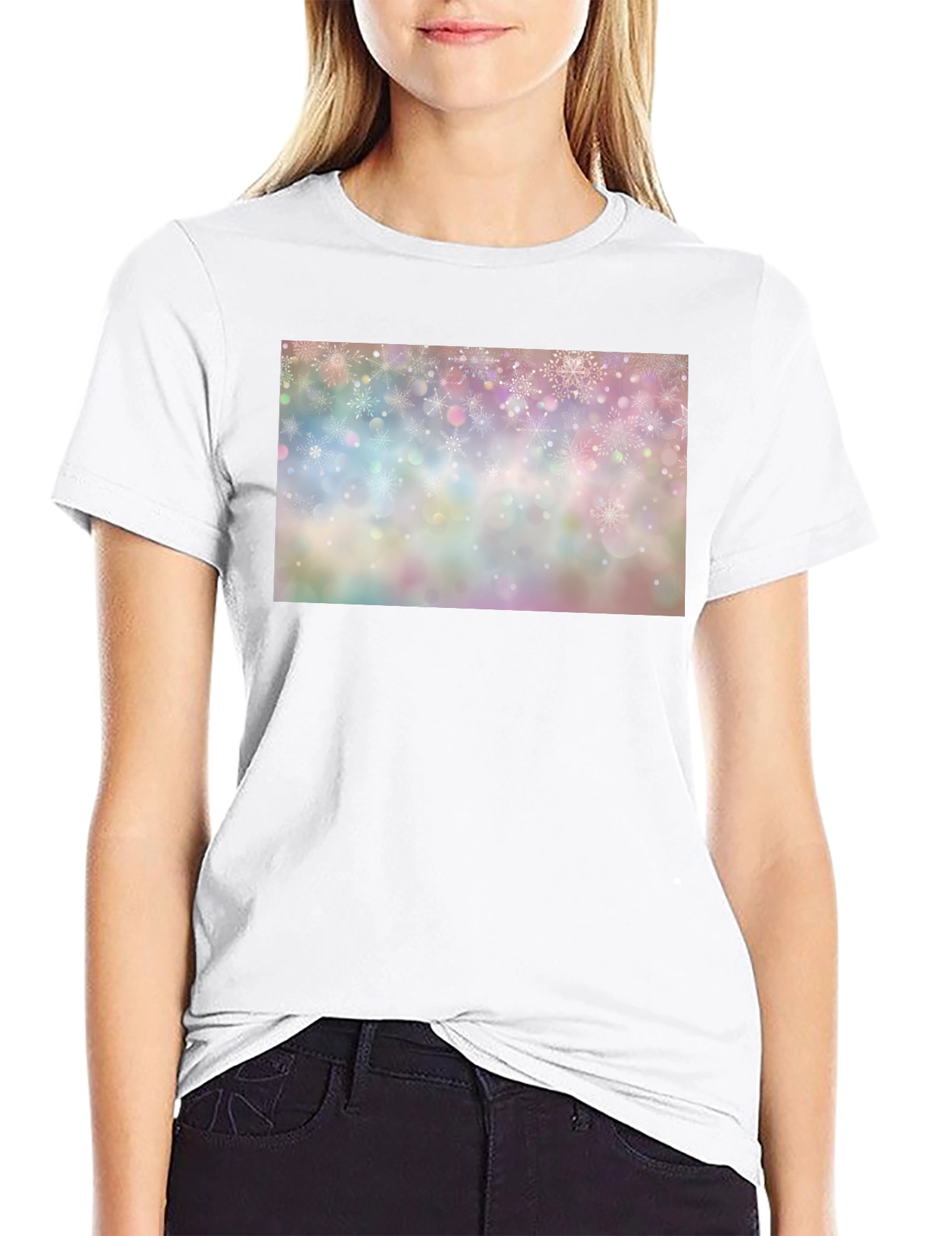 Snowflake Pattern Black Crew Neck T-Shirt
