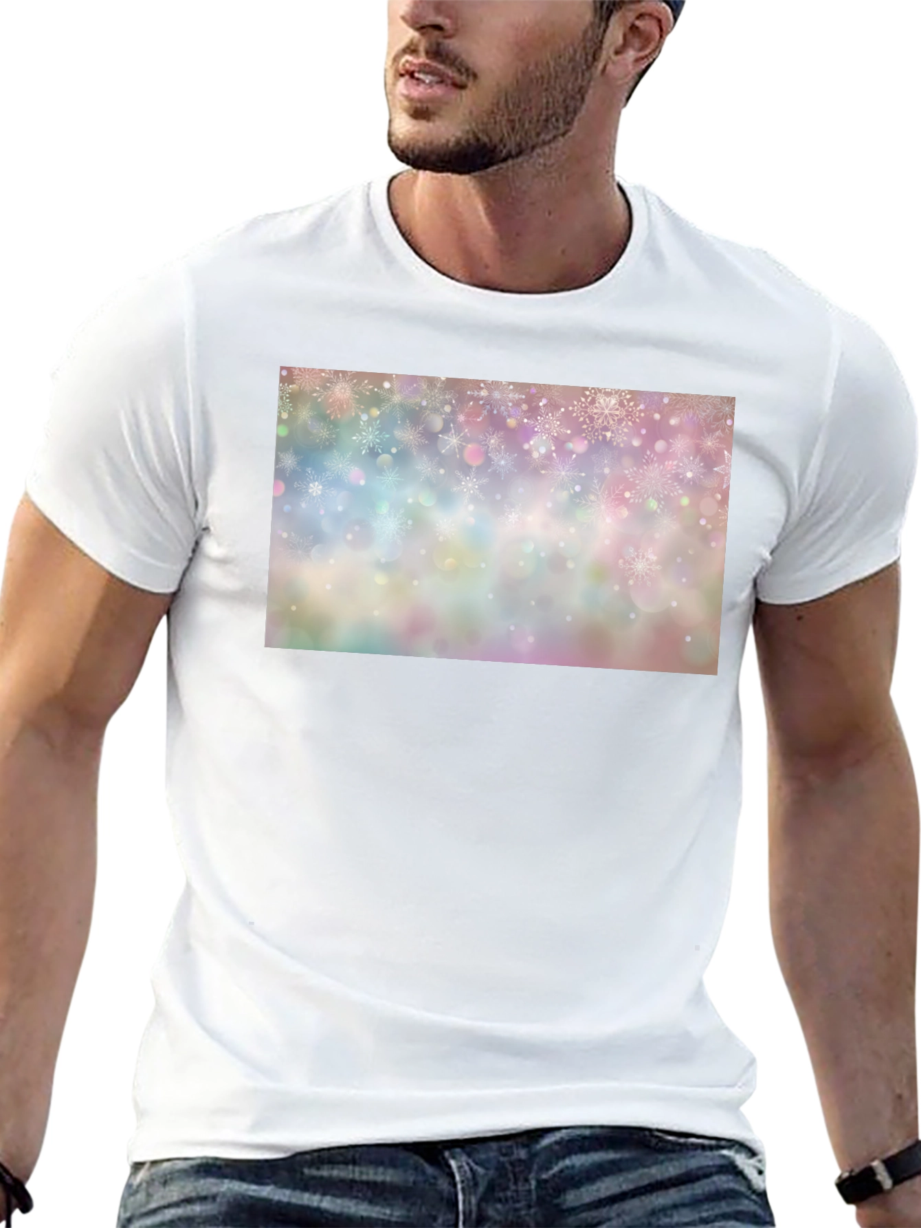Snowflake Pattern Black Crew Neck T-Shirt