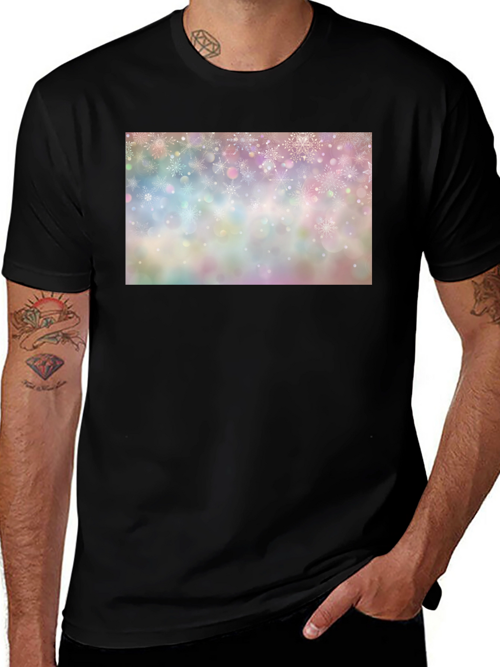 Snowflake Pattern Black Crew Neck T-Shirt