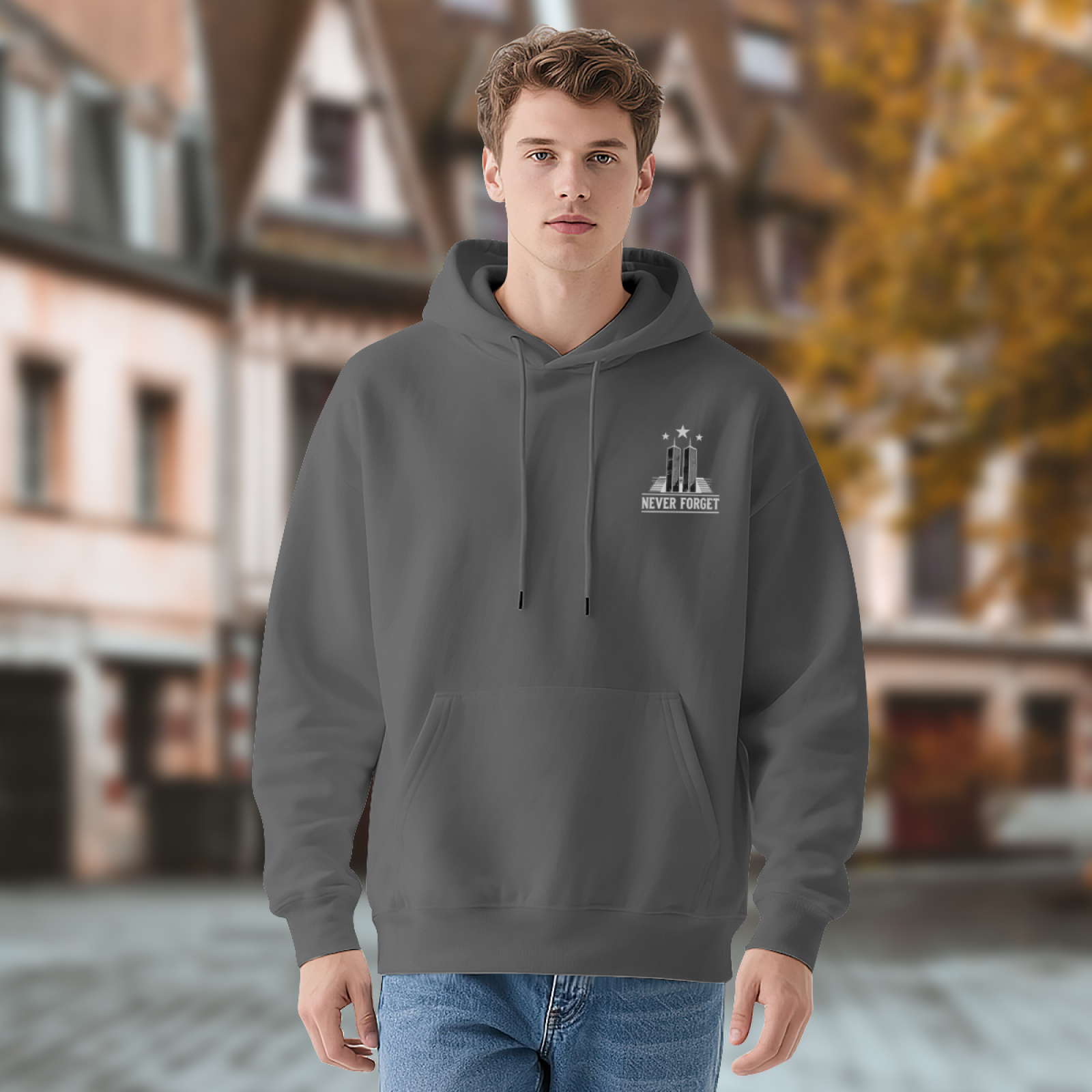 Never Forget Twin Towers Minimal Memorial Double?Sided Print Hoodie