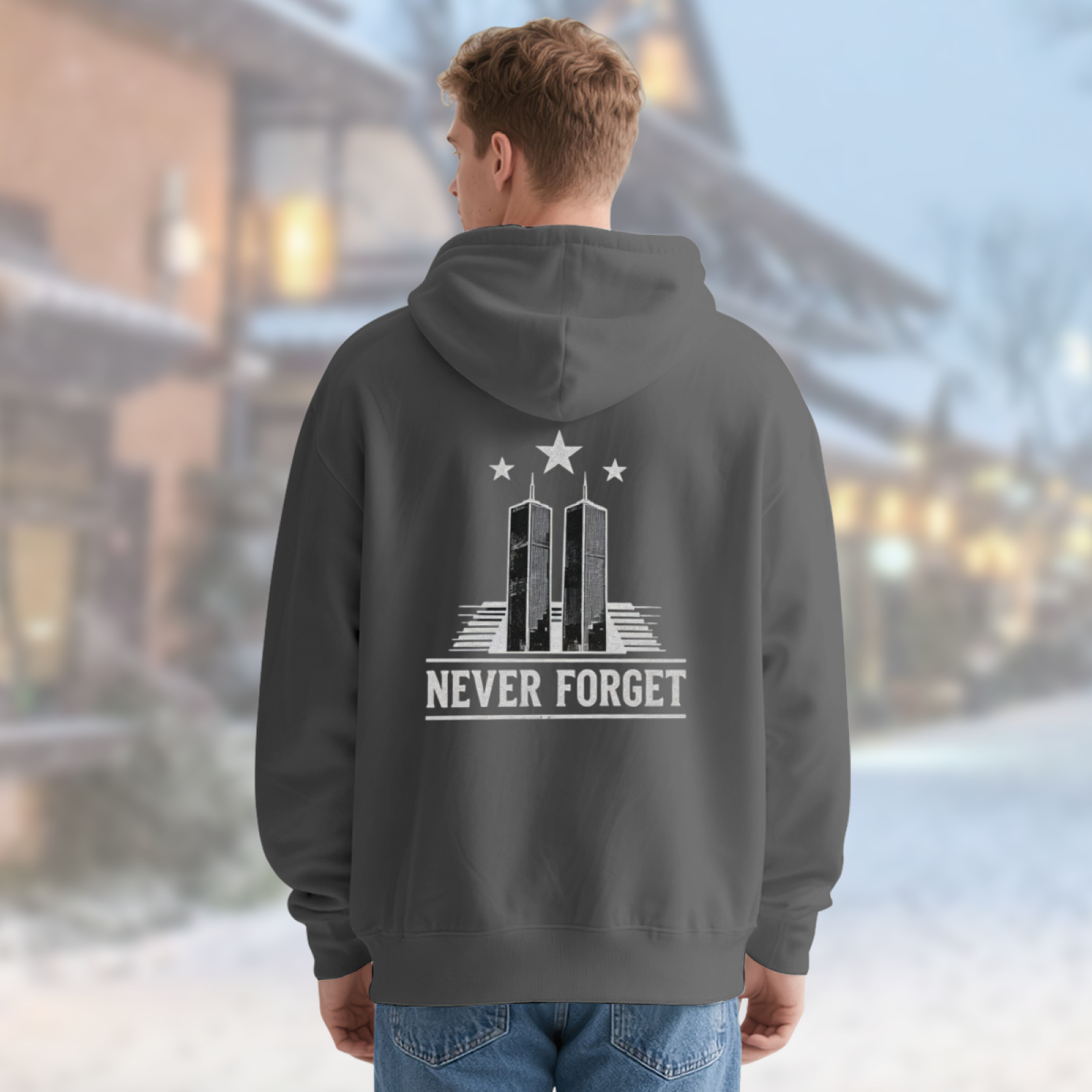 Never Forget Twin Towers Minimal Memorial Double?Sided Print Hoodie