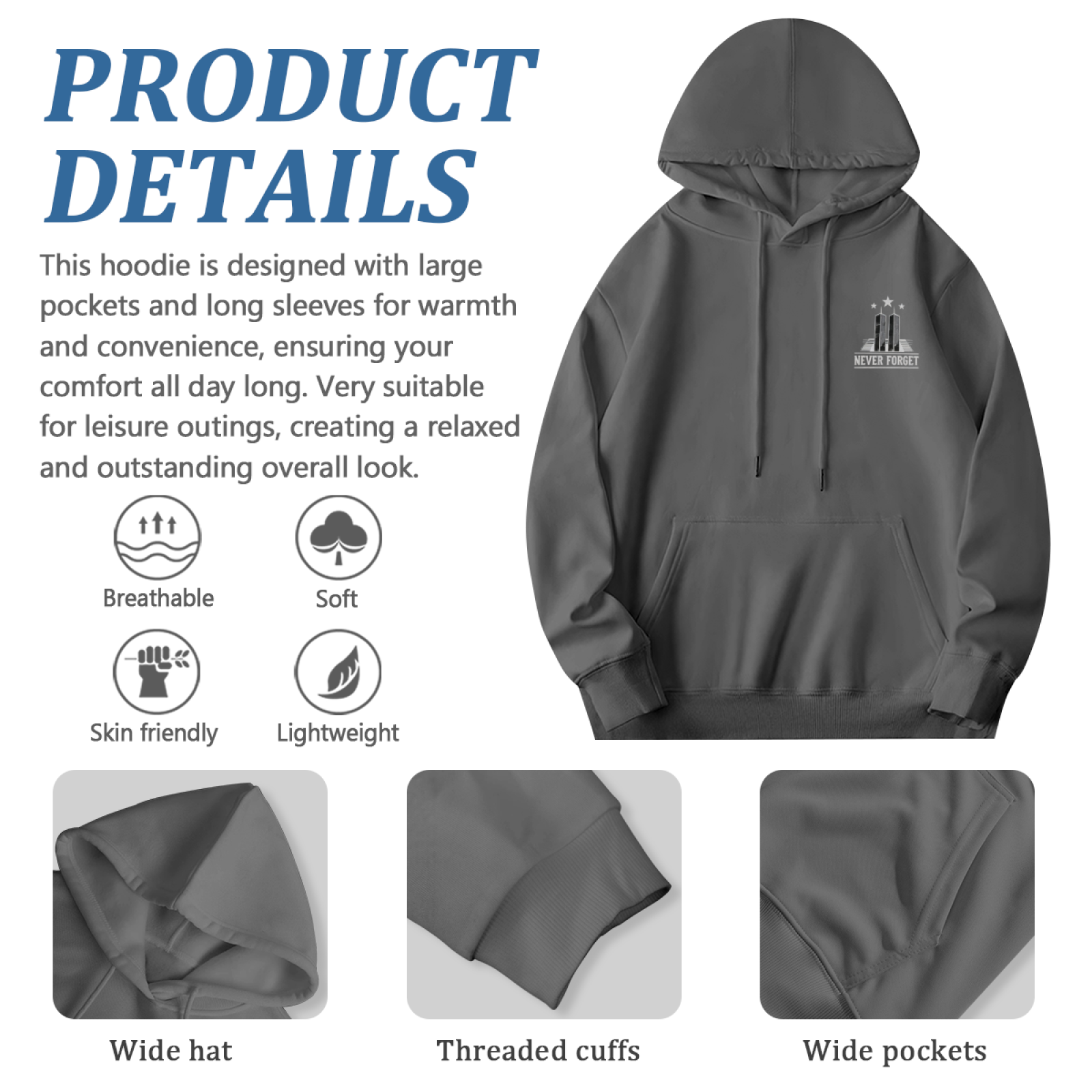 Never Forget Twin Towers Minimal Memorial Double?Sided Print Hoodie