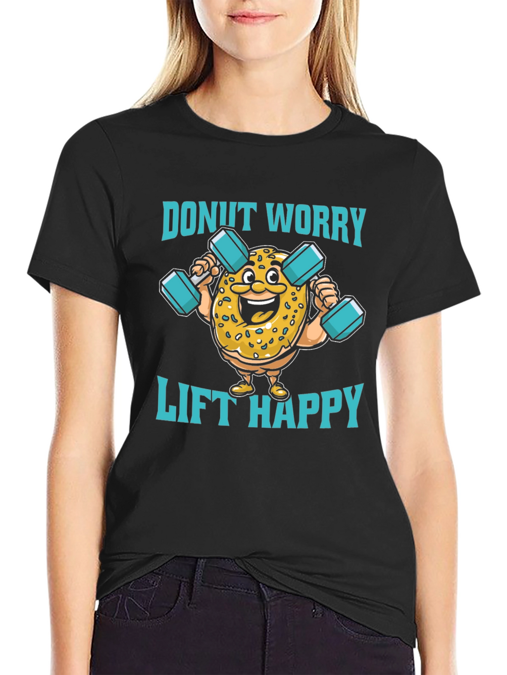 Donut Worry Lift Happy Black Graphic T-Shirt