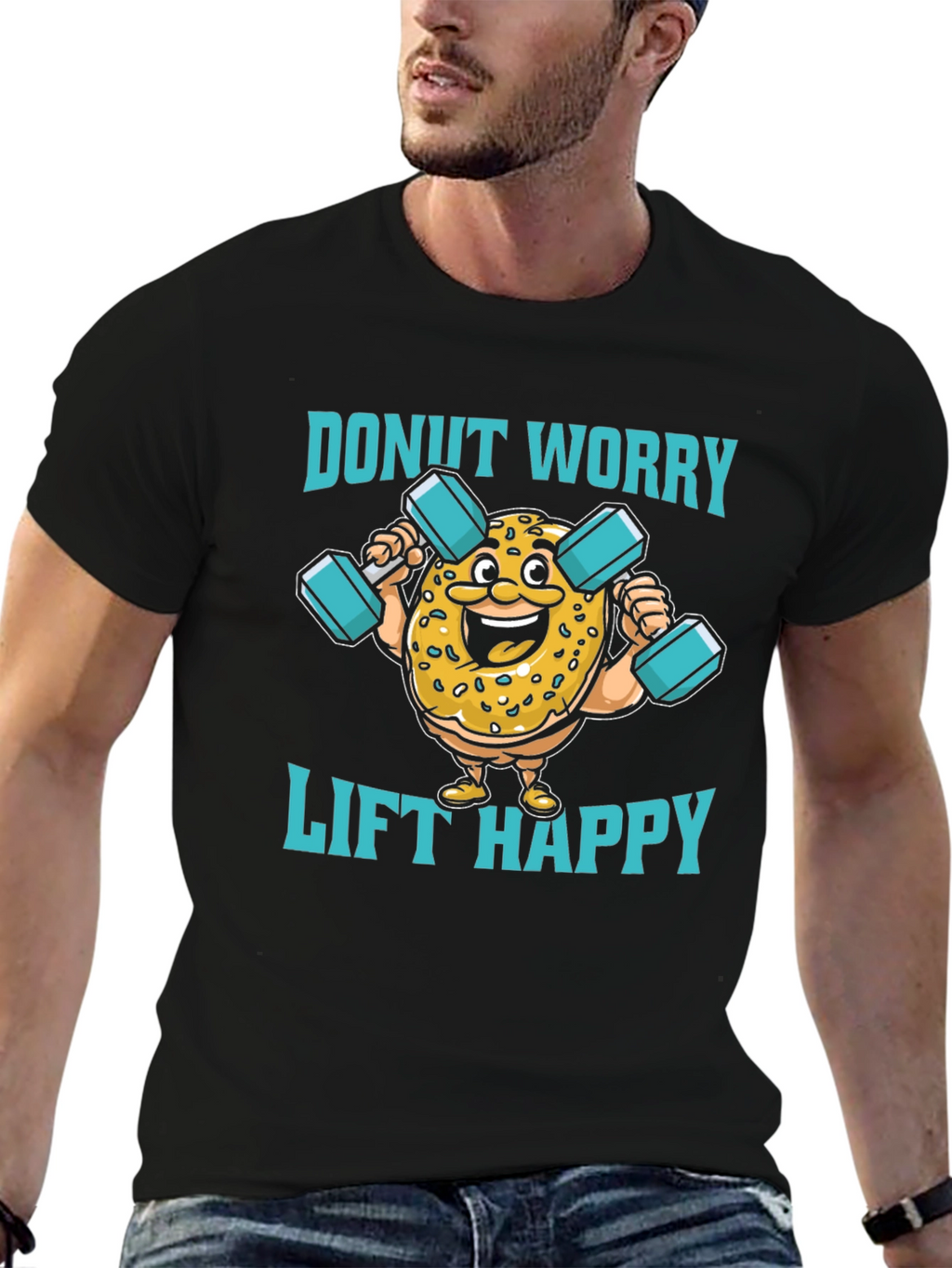 Donut Worry Lift Happy Black Graphic T-Shirt