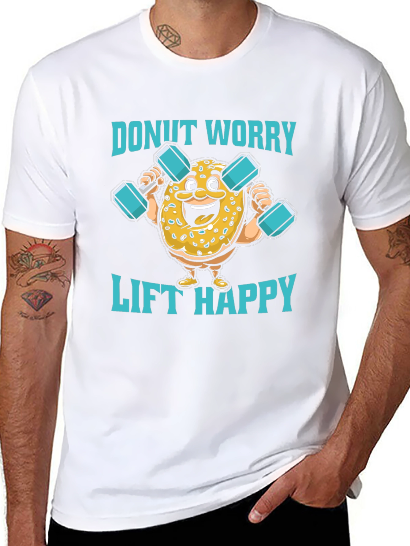 Donut Worry Lift Happy Black Graphic T-Shirt