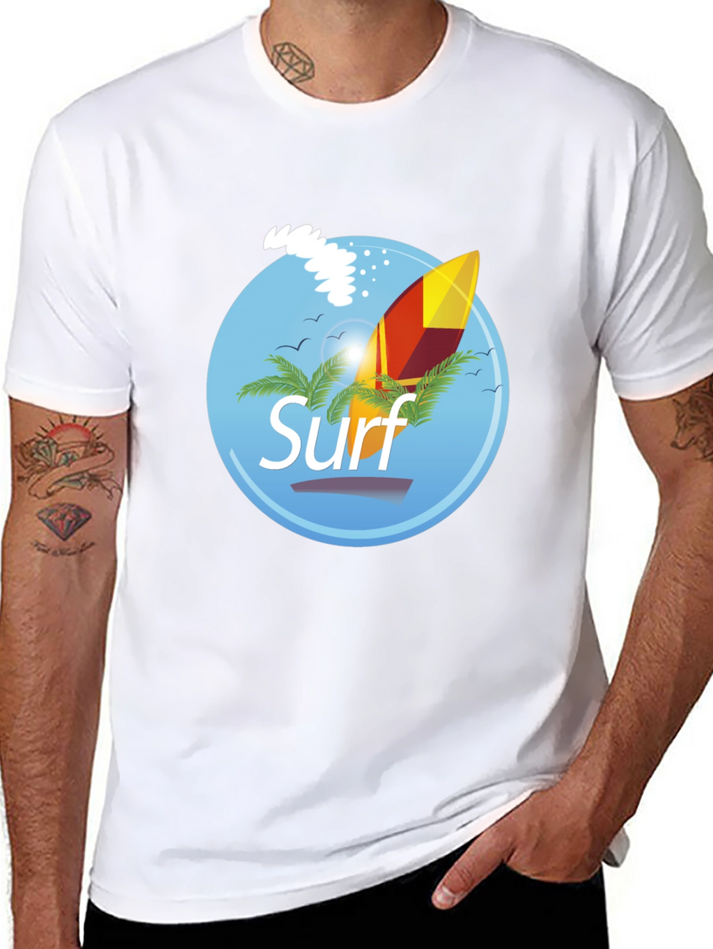 Surf Graphic T-Shirt - Black Palm Trees Surfboard