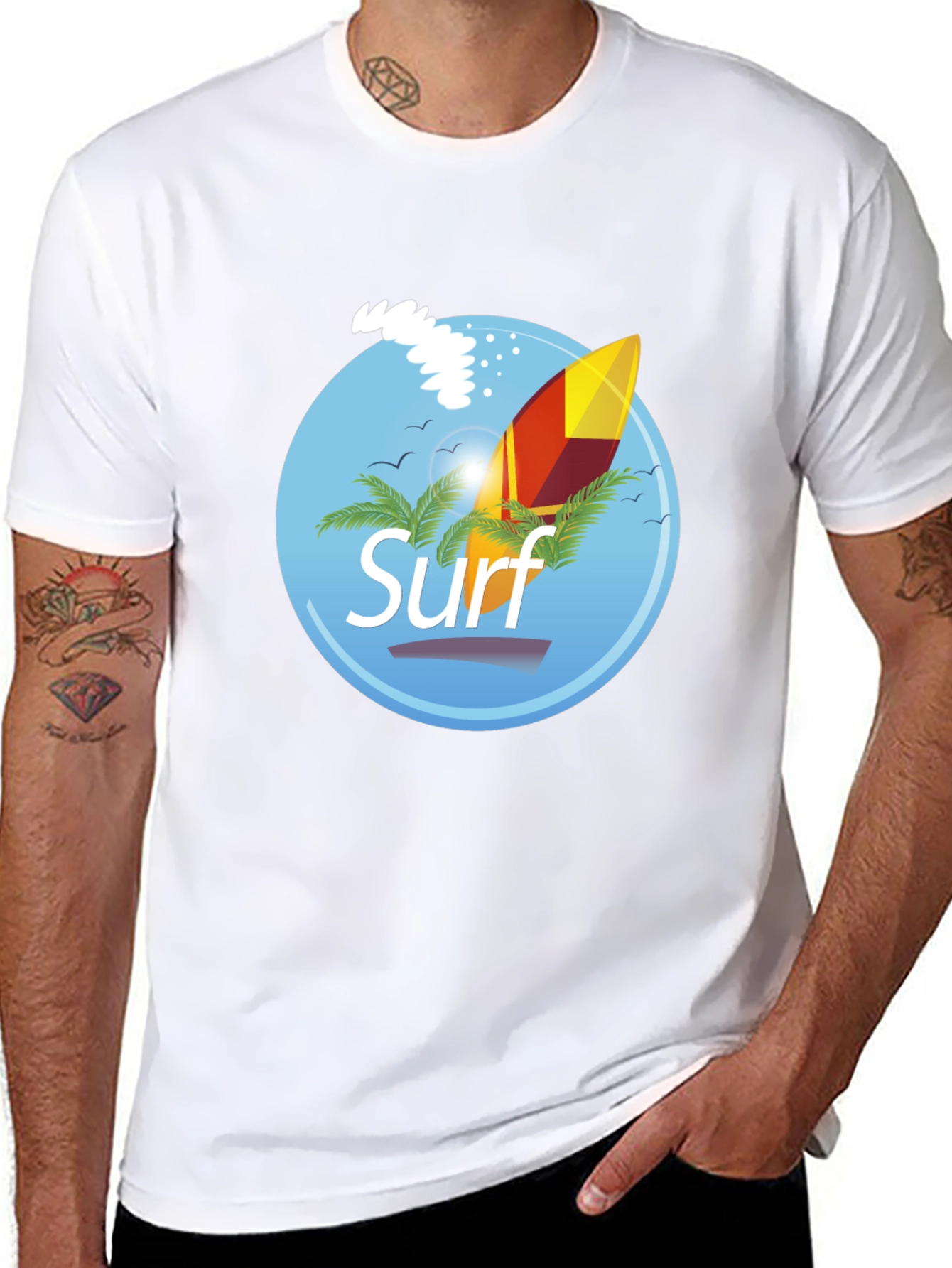 Surf Graphic T-Shirt - Black Palm Trees Surfboard