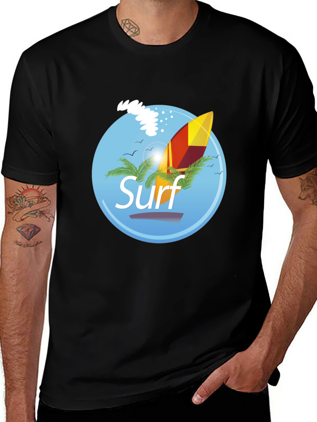 Surf Graphic T-Shirt - Black Palm Trees Surfboard
