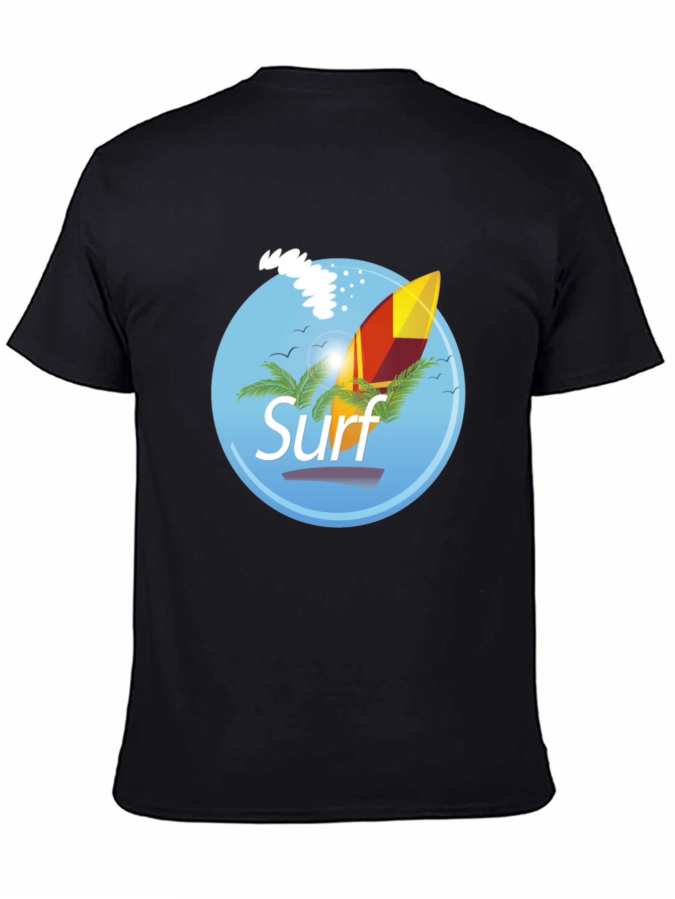 Surf Graphic T-Shirt - Black Palm Trees Surfboard