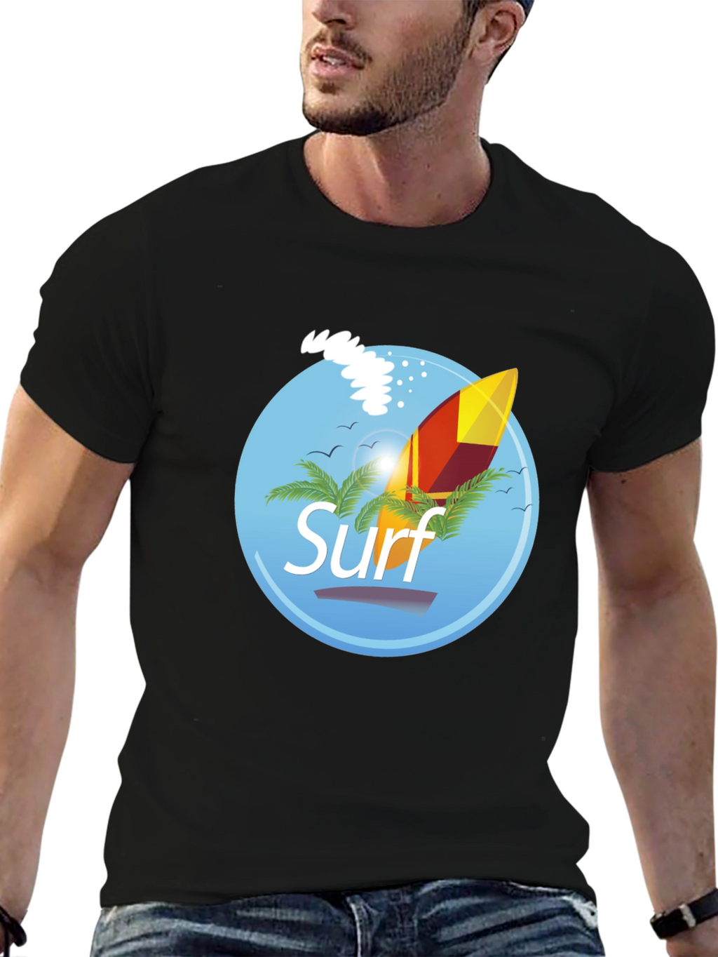 Surf Graphic T-Shirt - Black Palm Trees Surfboard