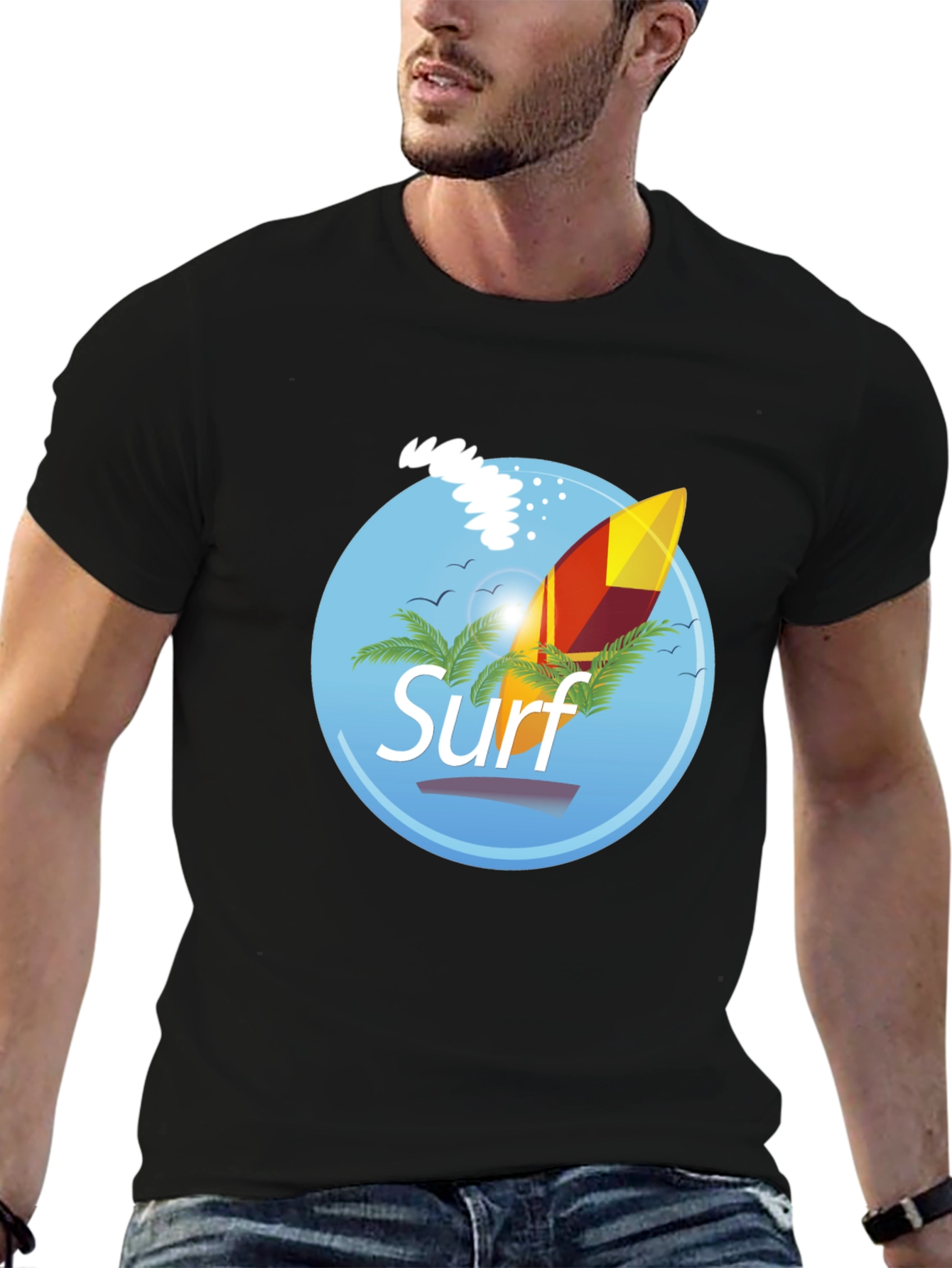 Surf Graphic T-Shirt - Black Palm Trees Surfboard