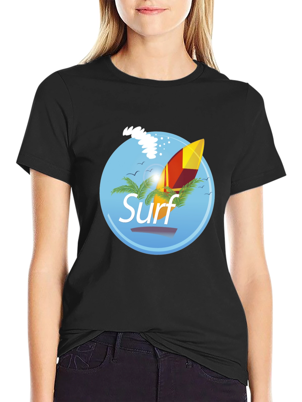 Surf Graphic T-Shirt - Black Palm Trees Surfboard