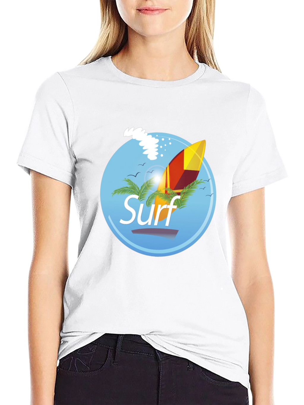 Surf Graphic T-Shirt - Black Palm Trees Surfboard