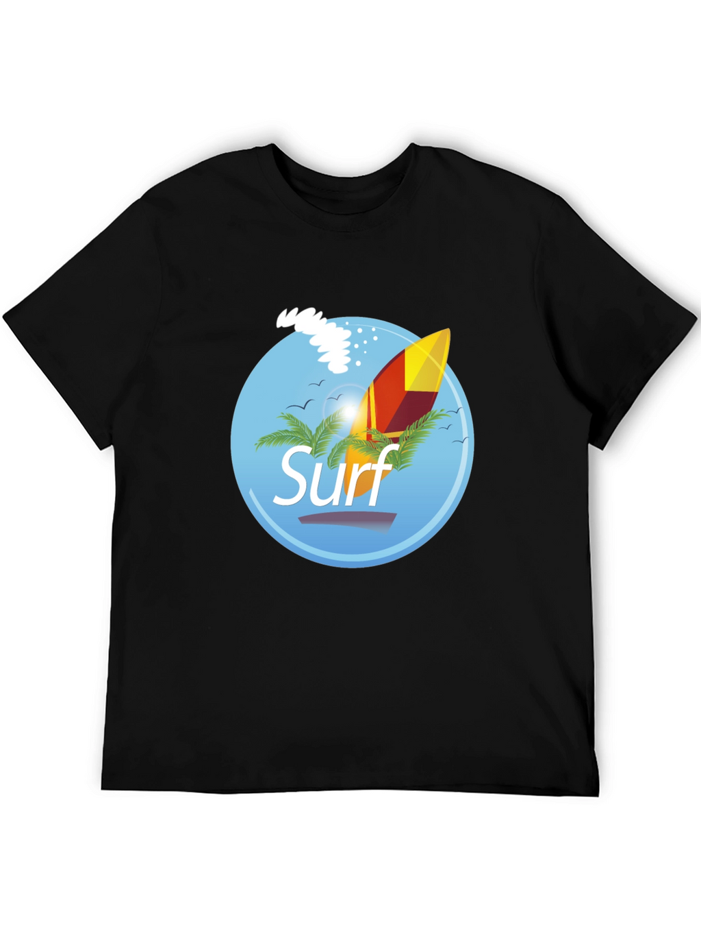 Surf Graphic T-Shirt - Black Palm Trees Surfboard