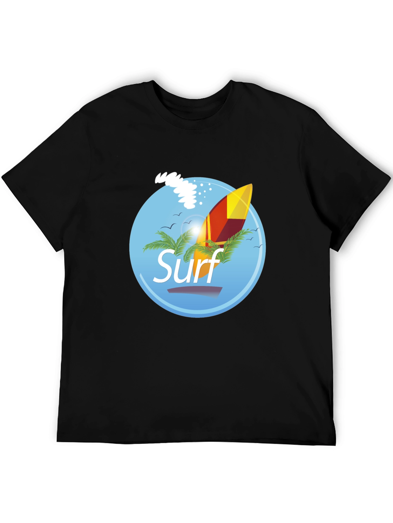 Surf Graphic T-Shirt - Black Palm Trees Surfboard