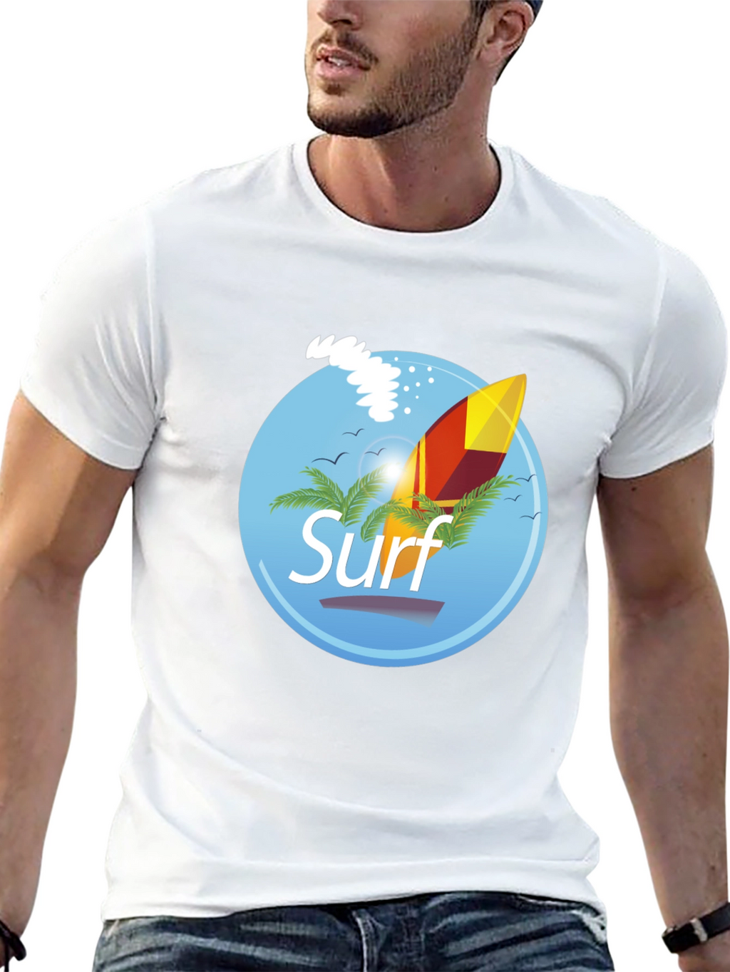 Surf Graphic T-Shirt - Black Palm Trees Surfboard