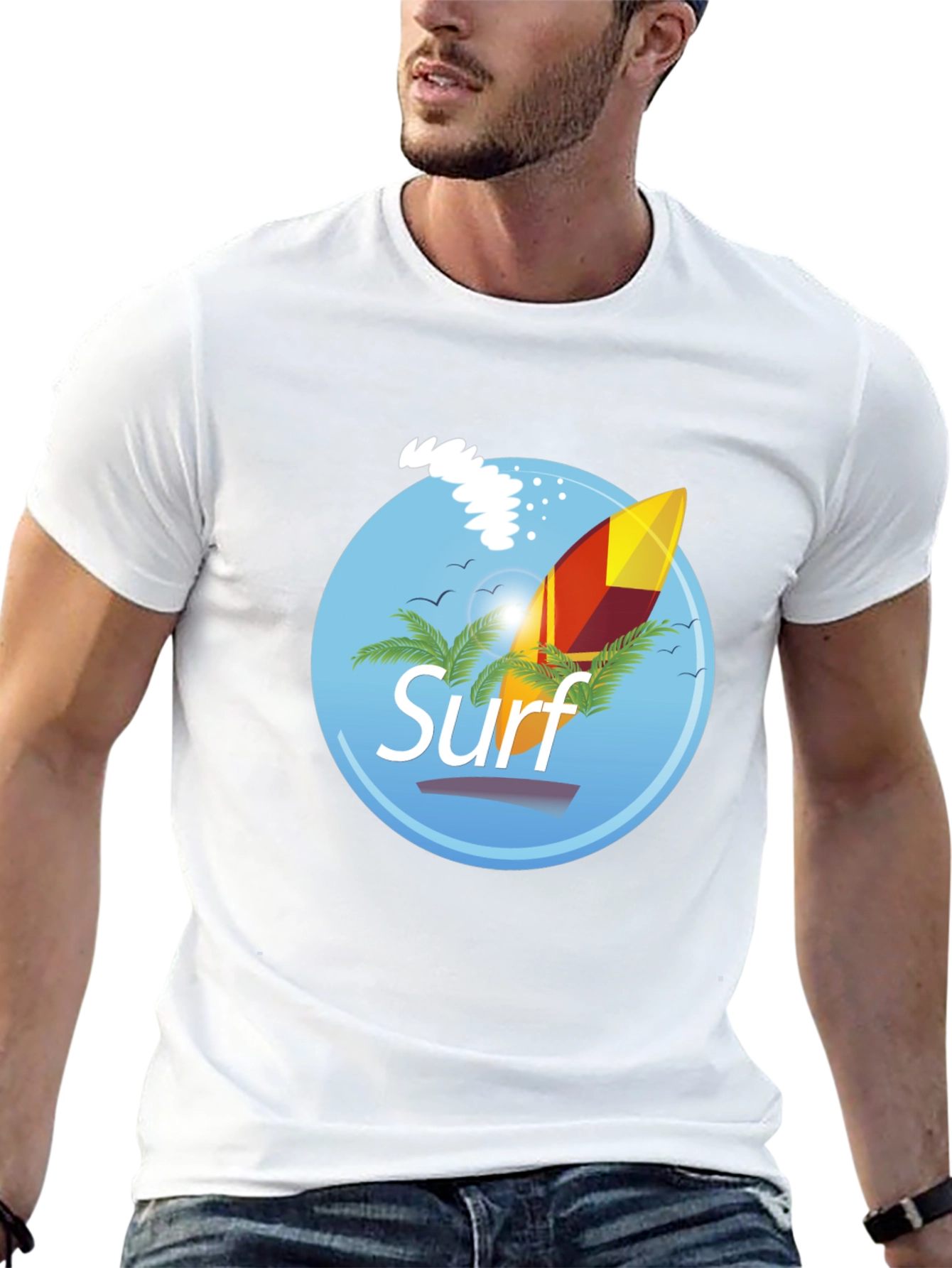 Surf Graphic T-Shirt - Black Palm Trees Surfboard