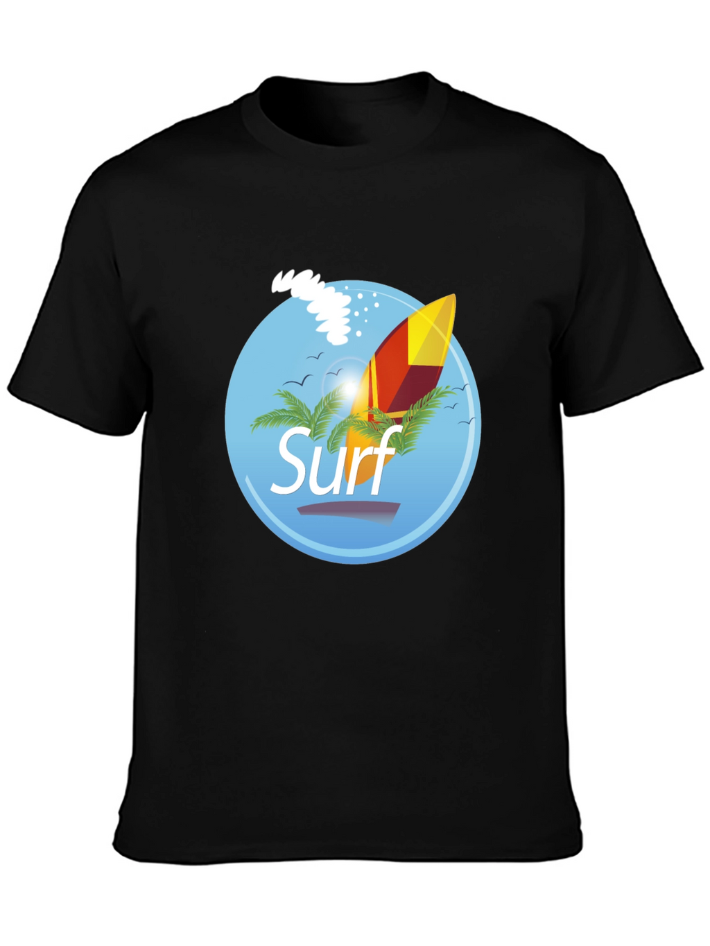 Surf Graphic T-Shirt - Black Palm Trees Surfboard