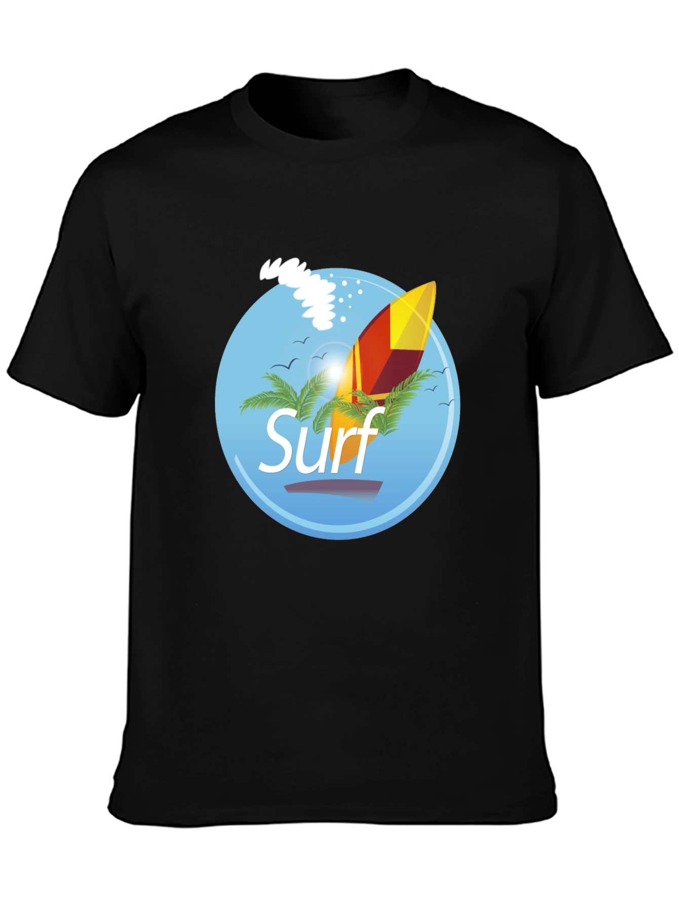 Surf Graphic T-Shirt - Black Palm Trees Surfboard