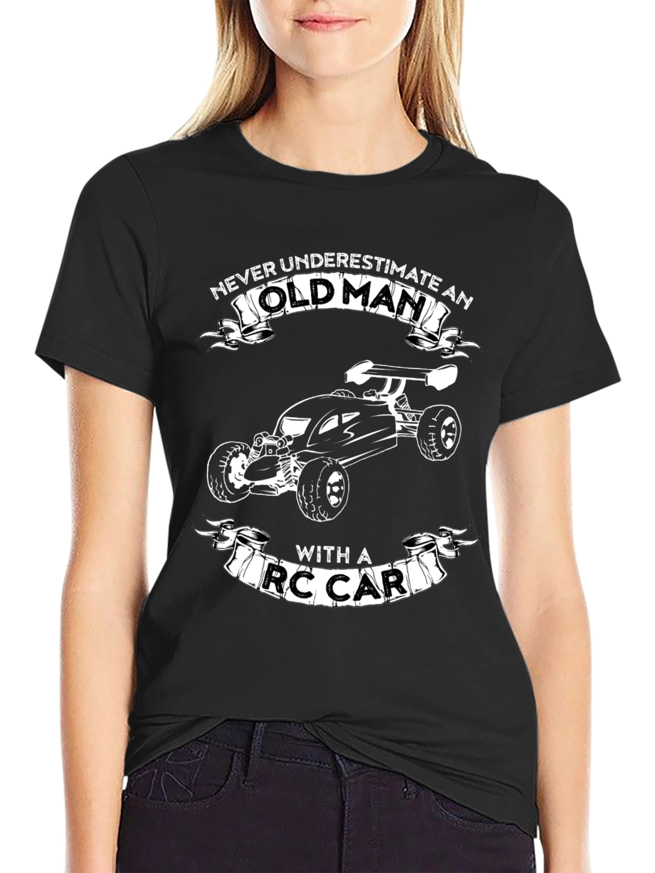 Never Underestimate Old Man RC Car Black T-Shirt