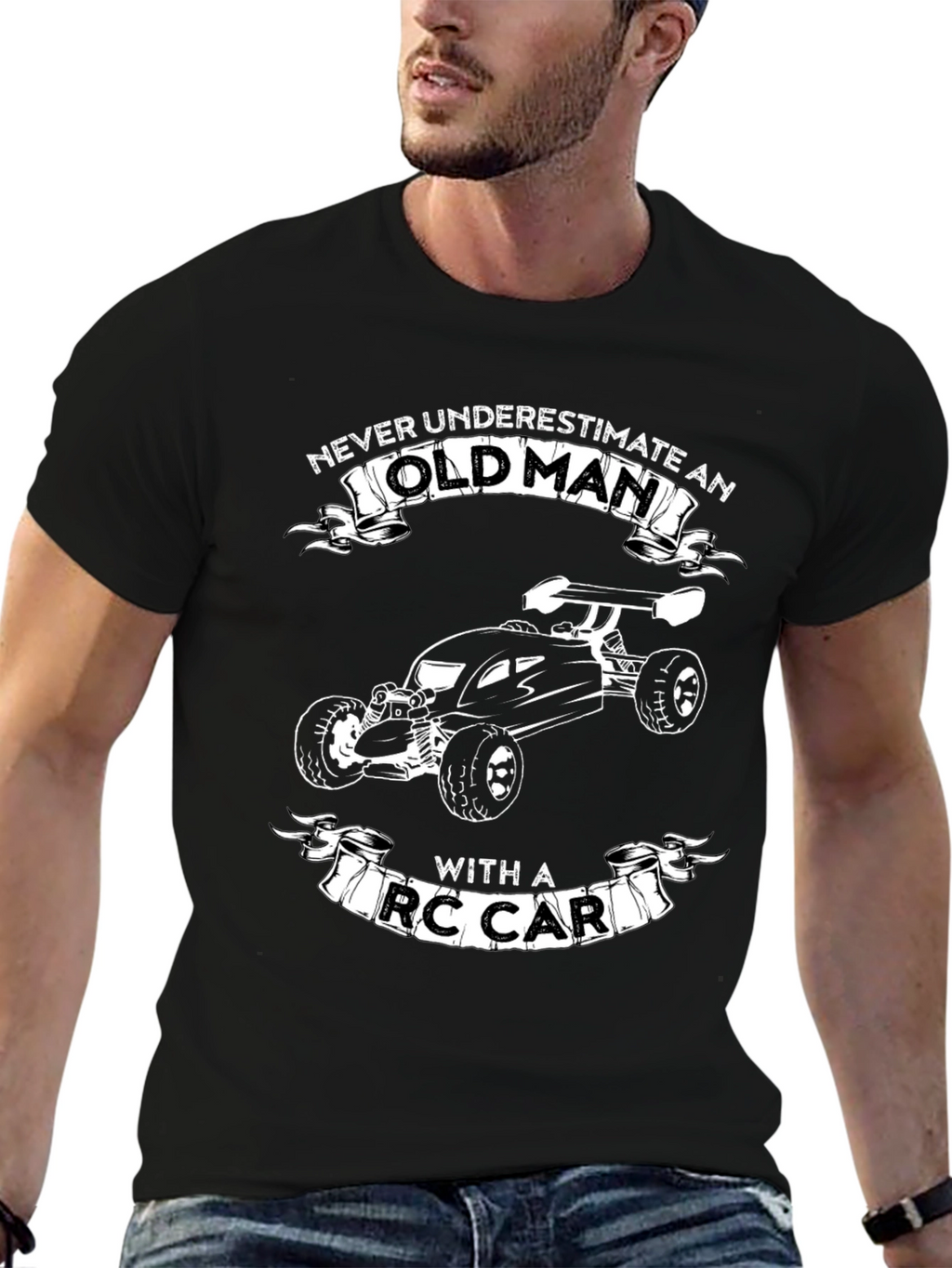 Never Underestimate Old Man RC Car Black T-Shirt