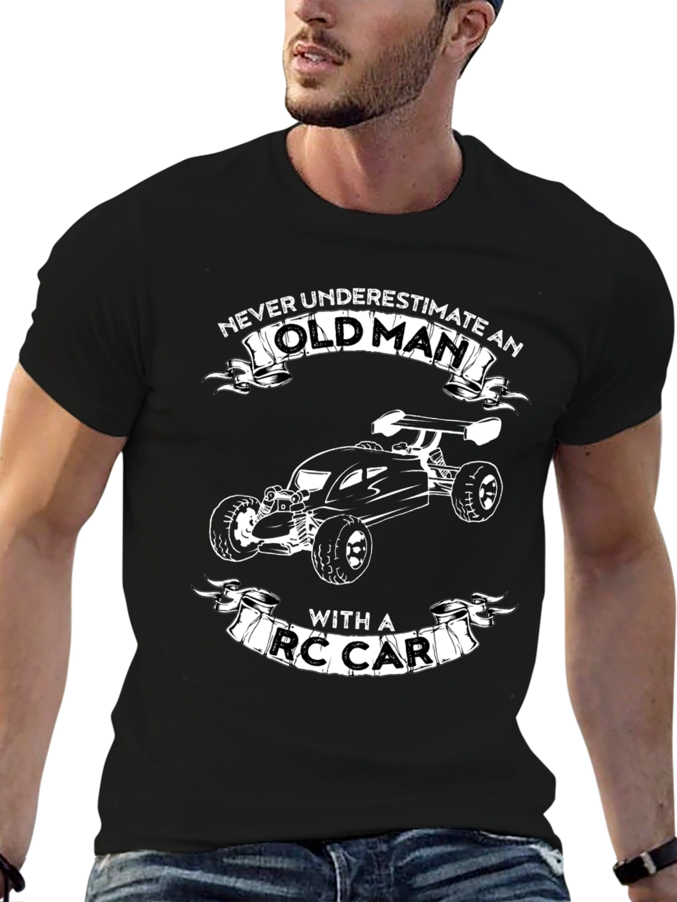 Never Underestimate Old Man RC Car Black T-Shirt