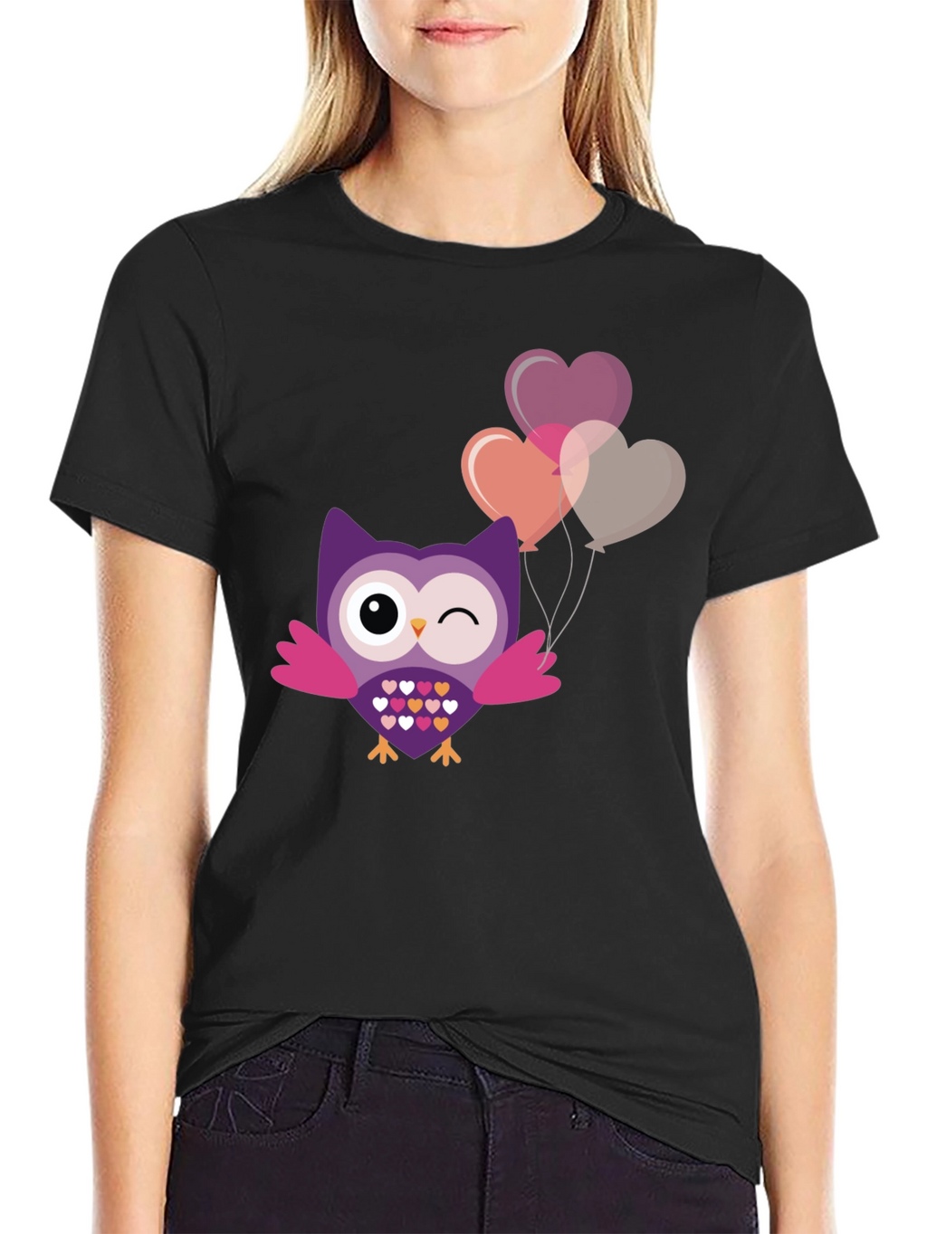 Cute Owl with Heart Balloons Graphic Tee