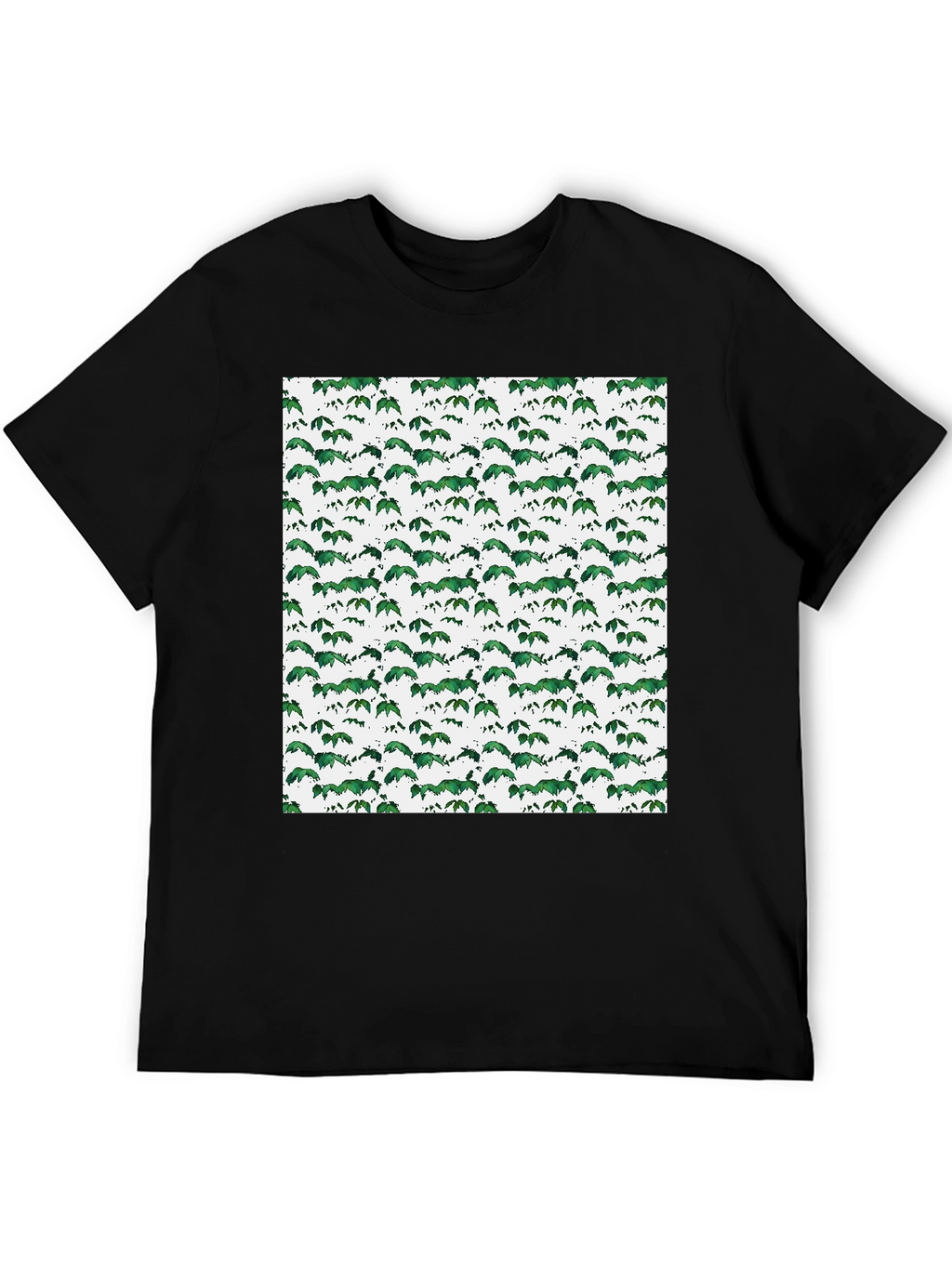 Green Leaf Pattern Black T-Shirt