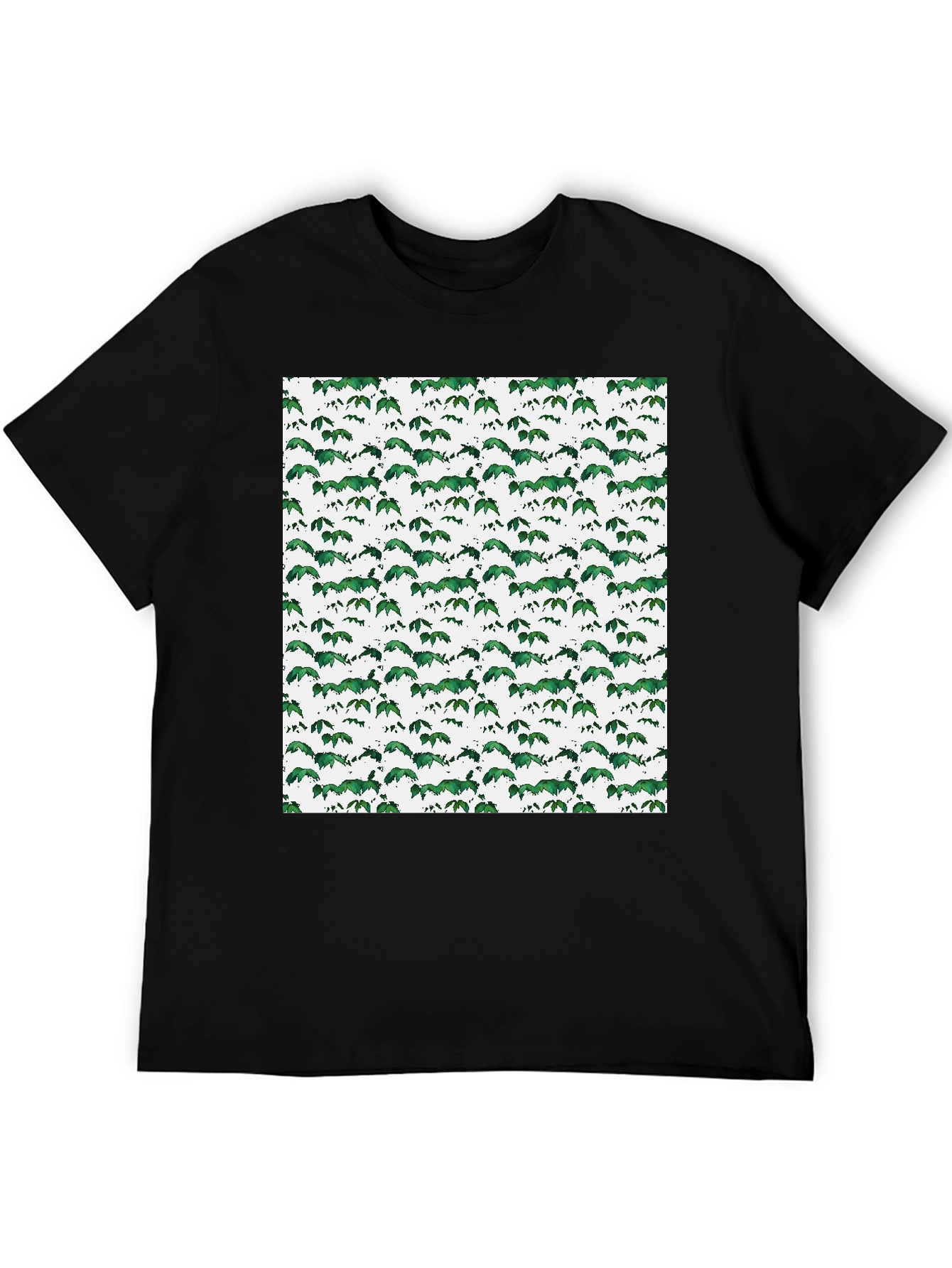Green Leaf Pattern Black T-Shirt