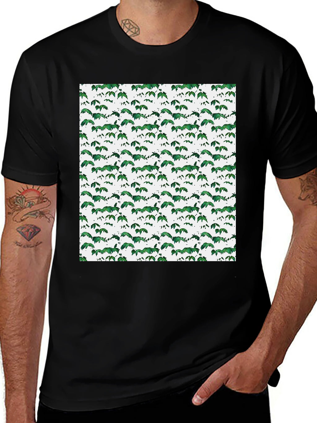 Green Leaf Pattern Black T-Shirt