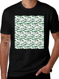 Green Leaf Pattern Black T-Shirt