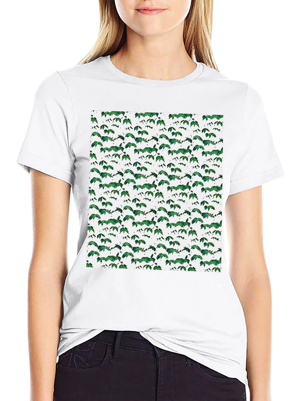 Green Leaf Pattern Black T-Shirt