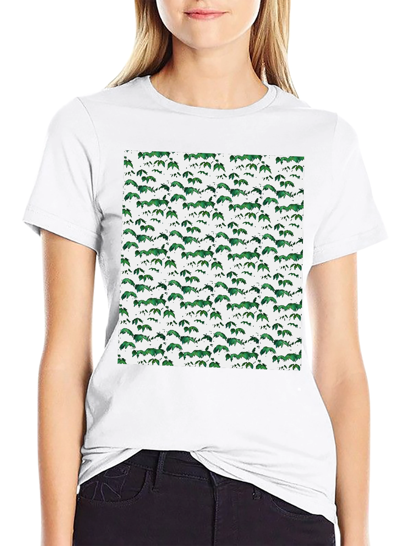 Green Leaf Pattern Black T-Shirt