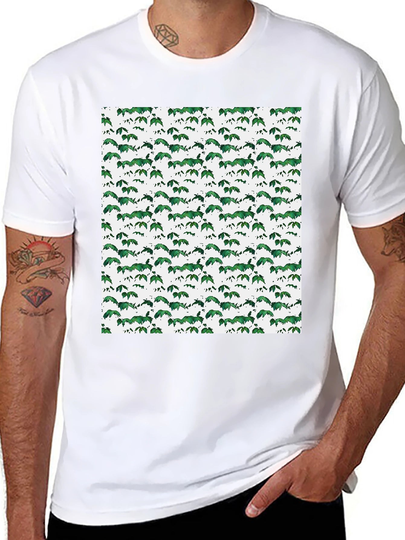 Green Leaf Pattern Black T-Shirt