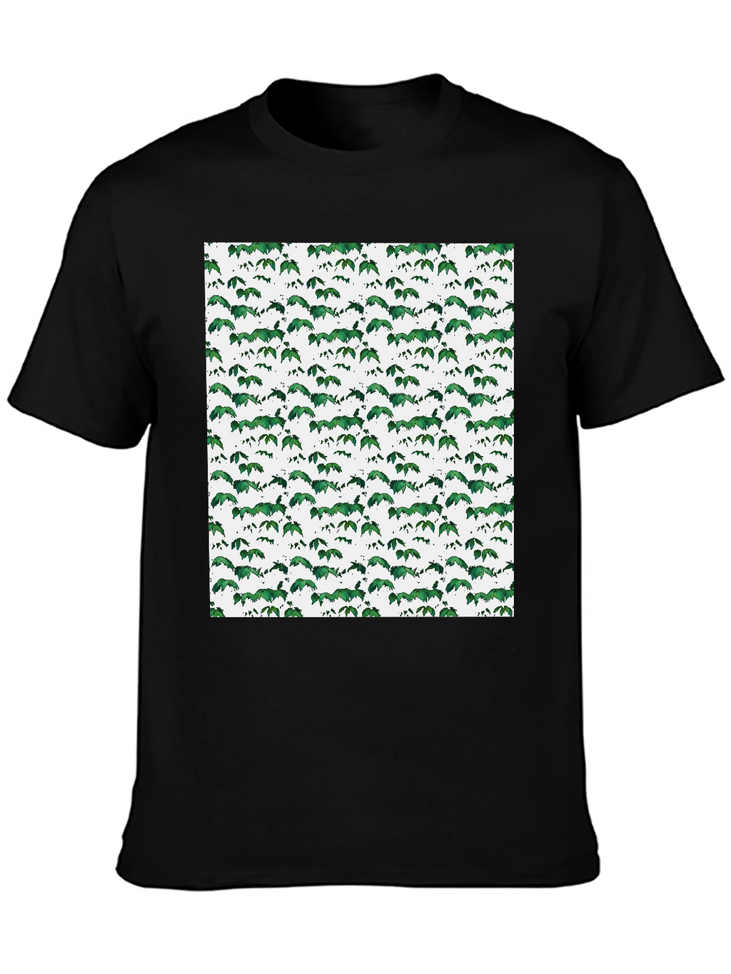Green Leaf Pattern Black T-Shirt