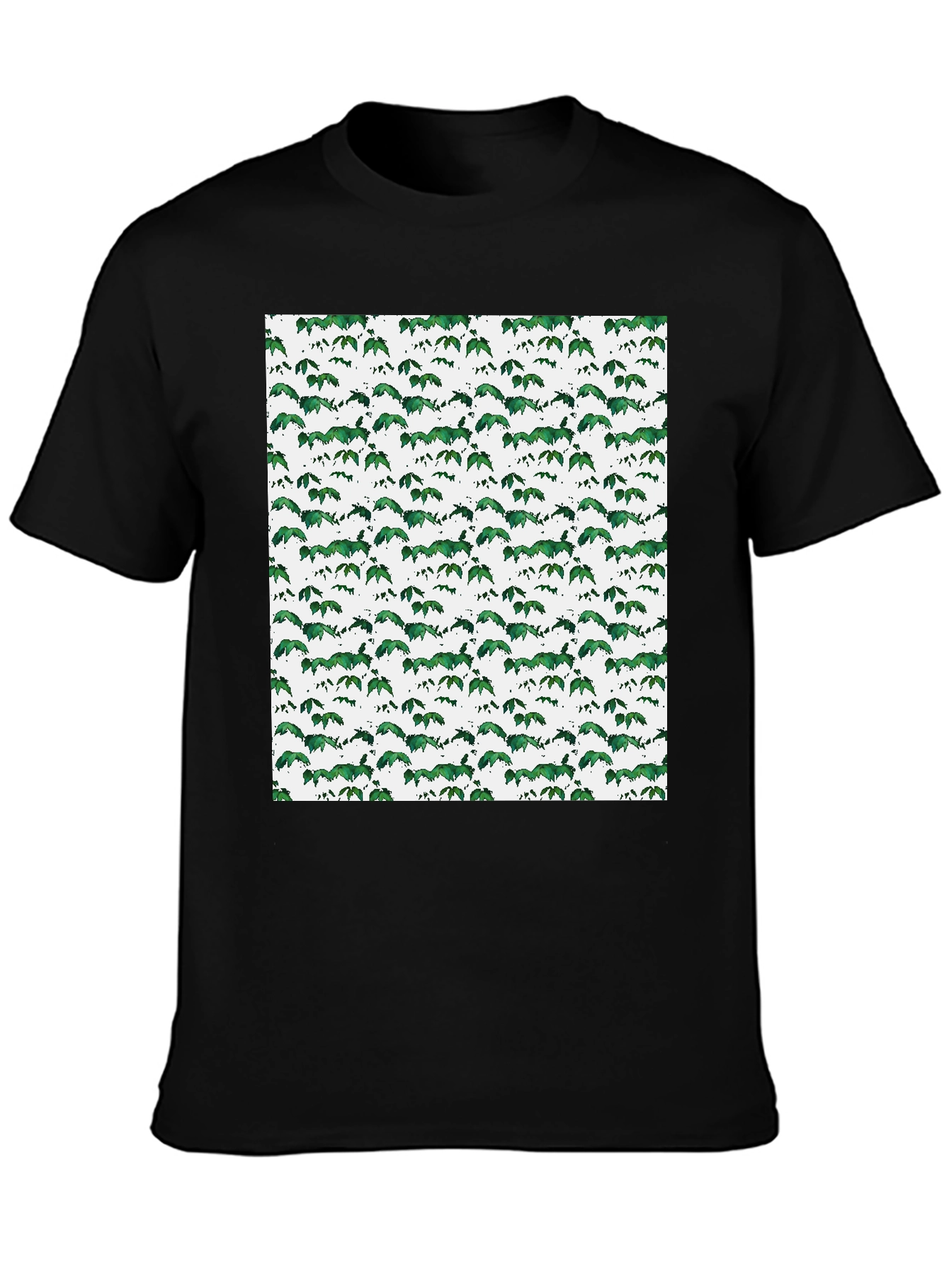 Green Leaf Pattern Black T-Shirt