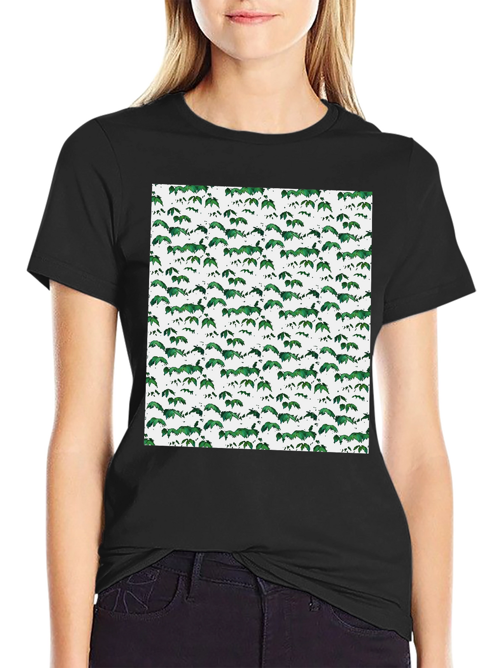 Green Leaf Pattern Black T-Shirt
