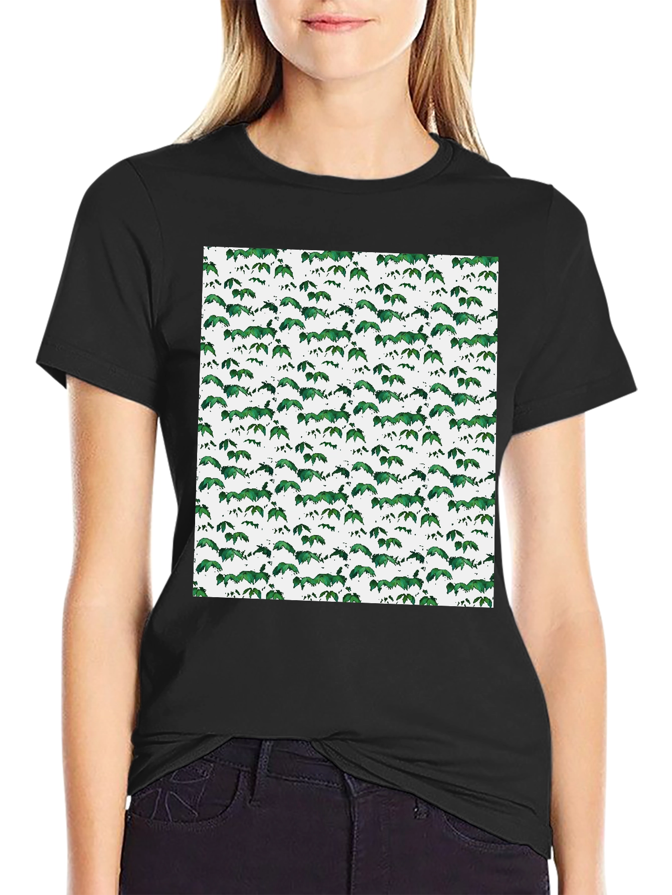 Green Leaf Pattern Black T-Shirt